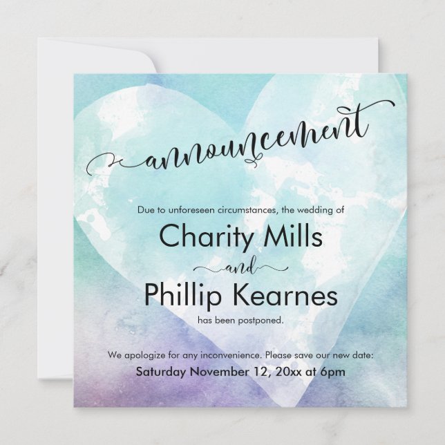 Heart Aqua Purple Postponed Wedding Announcement (Front)