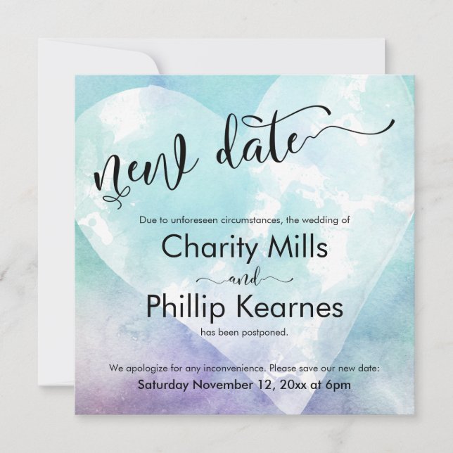 Heart Aqua Purple Postponed Wedding New Date Card (Front)