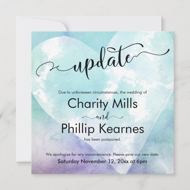 Heart Aqua Purple Postponed Wedding Upate Card (Front)