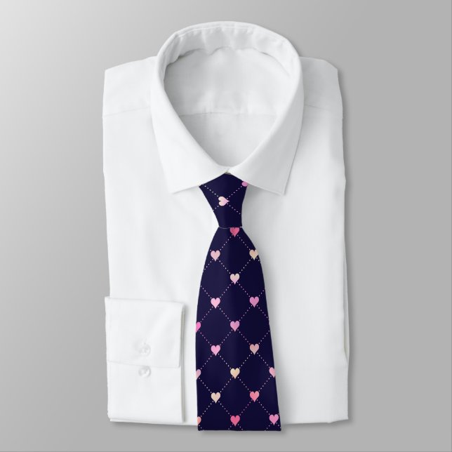Heart Argyle Pink Pattern Navy Blue Valentine Neck Tie (Tied)