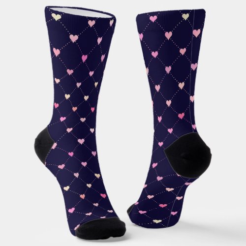 Heart Argyle Pink Pattern on Navy Blue Socks
