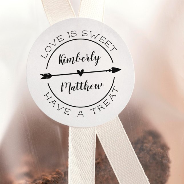 Heart & Arrow Love Is Sweet Wedding Favor Classic Round Sticker (Creator Uploaded)