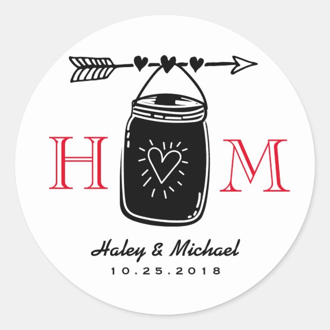 Heart Arrow Mason Jar Monogram Wedding Sticker (Front)