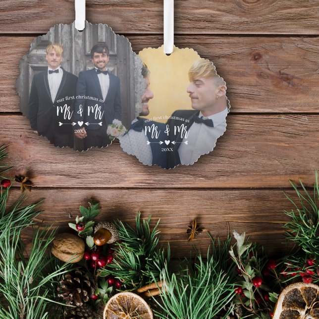 Heart Arrows First Christmas Mr & Mr Photo Ornament Card (Creator Uploaded)