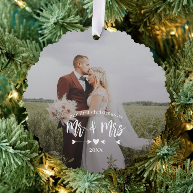 Heart Arrows First Christmas Mr Mrs Photo Ornament Card (Insitu (Tree))