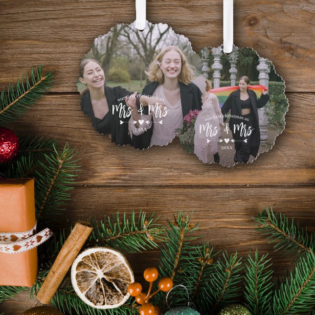 Heart Arrows First Christmas Mrs Mrs Photo Ornament Card (Creator Uploaded)