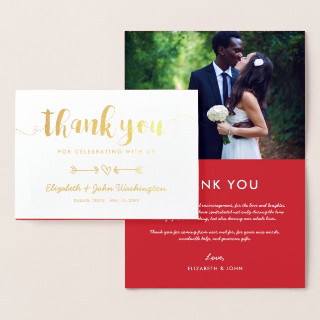 Heart & Arrows - Gold & Crimson Wedding Thank You Foil Card (Display)
