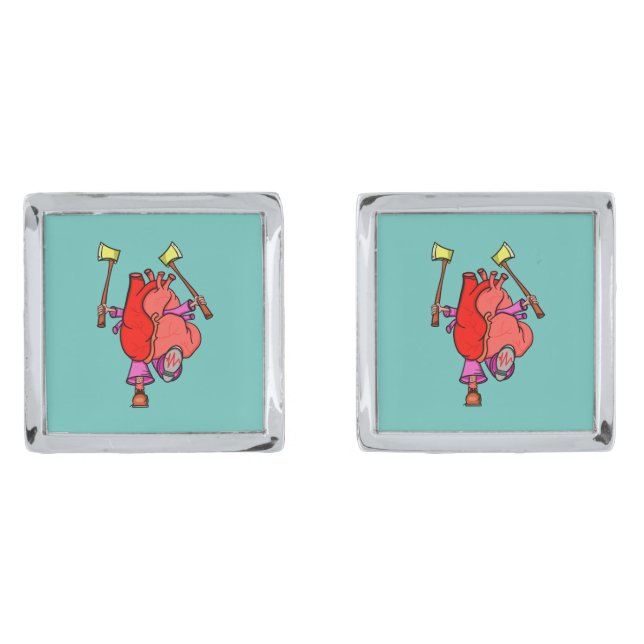 Heart Attack Funny Cartoon Silver Cufflinks (Front)