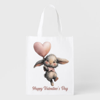 Heart Balloon Bunny for Valentines Grocery Bag