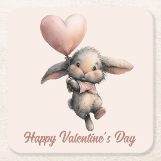 Heart Balloon Bunny for Valentines Square Paper Coaster
