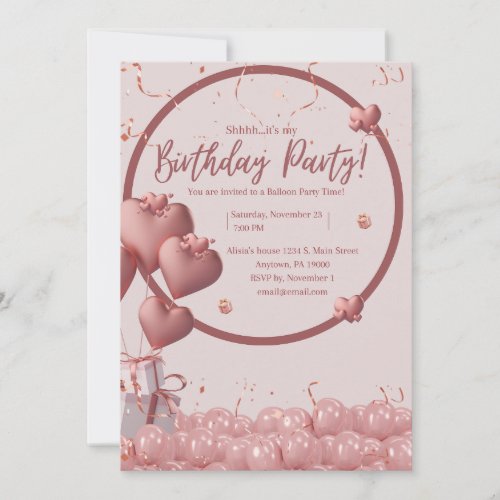 Heart Balloon Confetti Girl Birthday Invitation