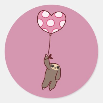 Heart Balloon Sloth Classic Round Sticker by saradaboru at Zazzle