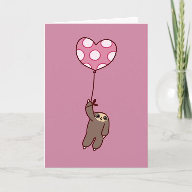 Heart Balloon Sloth Holiday Card (Front)