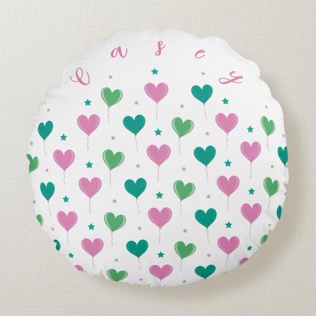 Heart Balloons Green Pink Star Pattern Cute Round Pillow (Front)