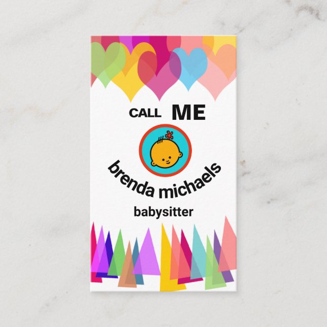 Heart Balloons Party Hats Smiling Babysitter Business Card (Front)