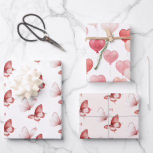 Heart Balloons Pink Red Butterflies Birthday Wrapping Paper Sheets