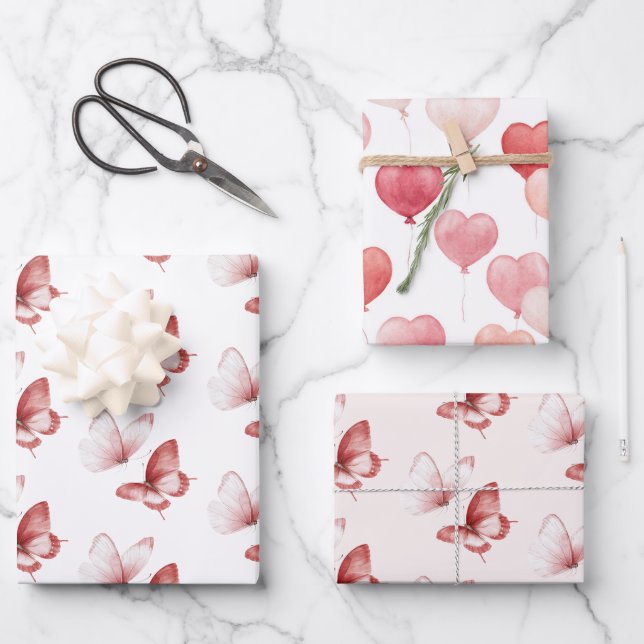 Heart Balloons Pink Red Butterflies Birthday Wrapping Paper Sheets (Front)
