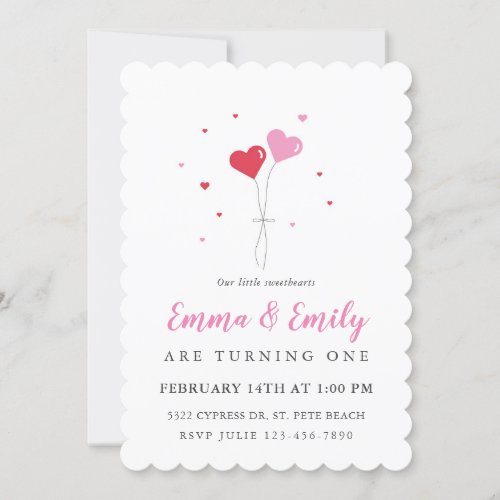 Heart Balloons Valentine Twin Birthday Invitation