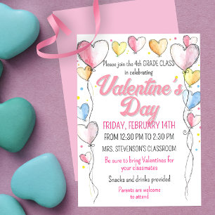 Heart Balloons Valentine's Day School Party Invitation