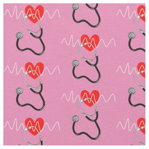 Heart Beat Line Stethoscope Medical Symbols Fabric