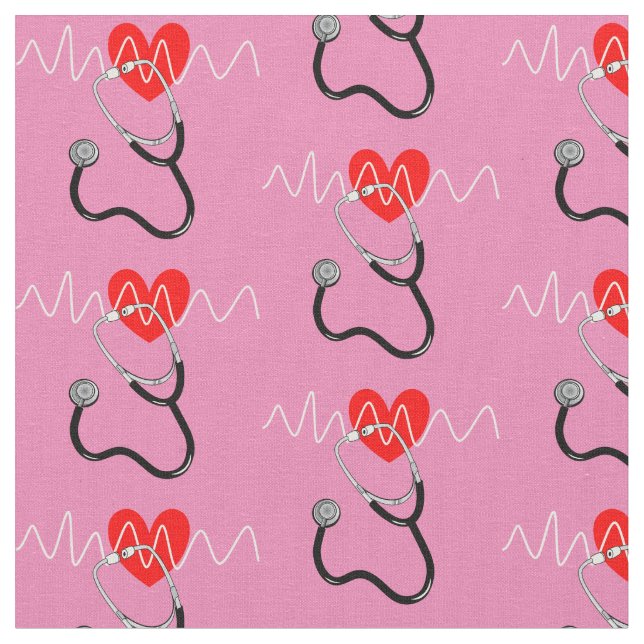 Heart Beat Line Stethoscope Medical Symbols Fabric (Close Up)