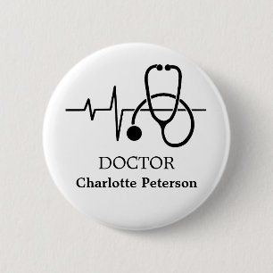 Heart Beat Stethoscope Doctor Name Tag  Button