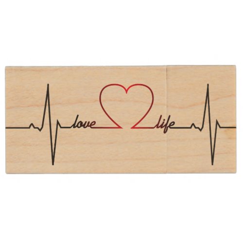 Heart beat with love life inspirational quote wood USB flash drive