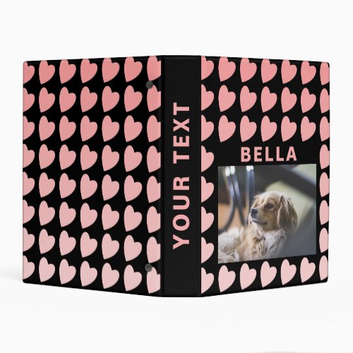 Heart Black and Pink Pattern Pet Dog Photo Album Mini Binder - Heart Black and Pink Pattern Pet Dog Mini Photo Album. The binder has a photo of a pet and the pet`s name. The background has a cute pink heart pattern. Personalize the binder with your dog or any other pet photo and your dog or pet name. Change or erase the text on the spine. A great keepsake gift, photo album, and scrapbook album.