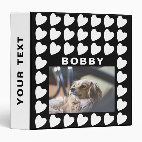 Heart Black and White Pattern Pet Dog Photo Album 3 Ring Binder - Heart Black and White Pattern Pet Dog Photo Album. The binder has a photo of a pet and the pet`s name. The background has a cute black and white heart pattern. Personalize the binder with your dog or any other pet photo and your dog or pet name. Change or erase the text on the spine. A great keepsake gift, photo album, and scrapbook album.