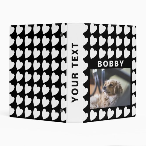 Heart Black and White Pattern Pet Dog Photo Album Mini Binder - Heart Black and White Pattern Pet Dog Mini Photo Album. The binder has a photo of a pet and the pet`s name. The background has a cute black and white heart pattern. Personalize the binder with your dog or any other pet photo and your dog or pet name. Change or erase the text on the spine. A great keepsake gift, photo album, and scrapbook album.