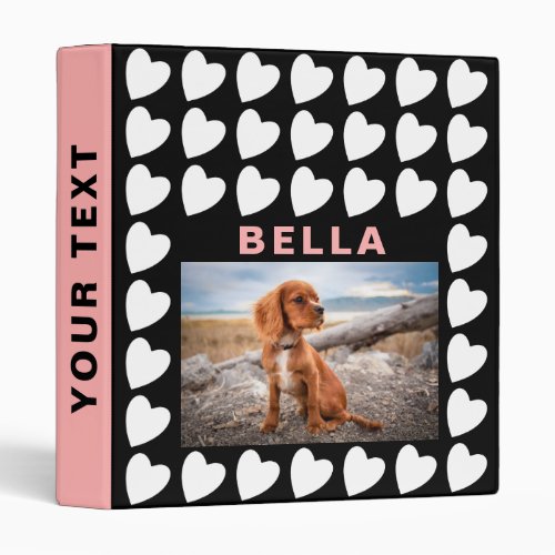 Heart Black Pink Pattern Pet Dog Photo Album 3 Ring Binder - Heart Black Pink Pattern Pet Dog Photo Album. The binder has a photo of a pet and the pet`s name. The background has a cute black and white heart pattern. Personalize the binder with your dog or any other pet photo and your dog or pet name. Change or erase the text on the spine. A great keepsake gift, photo album, and scrapbook album.