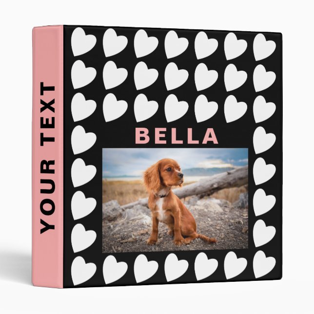 Heart Black Pink Pattern Pet Dog Photo Album 3 Ring Binder (Front/Spine)