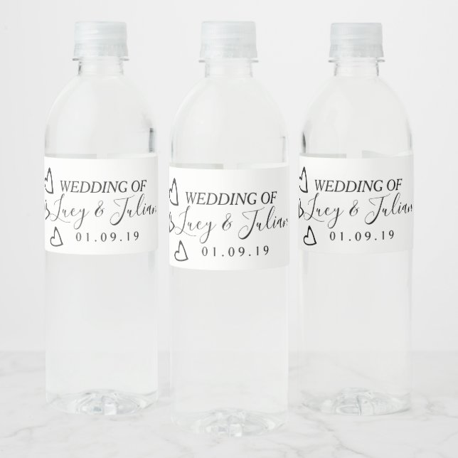 Heart Black White Wedding Water Bottle Label (Bottles)