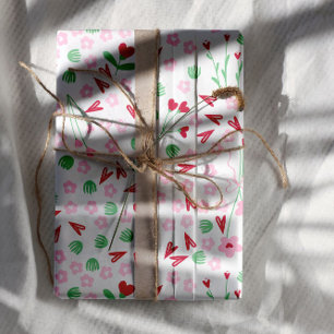 Heart Bloom Meadow on White – Pink & Red Valentine Wrapping Paper Sheets