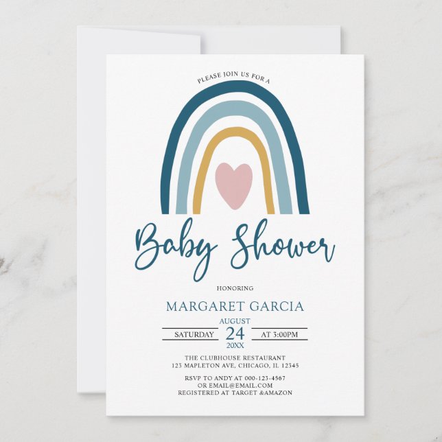  Heart Blue Muted Tones Boho Rainbow Baby Shower Invitation (Front)