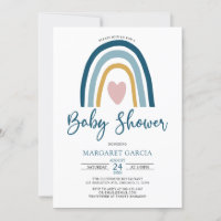 Heart Blue Muted Tones Boho Rainbow Baby Shower Invitation