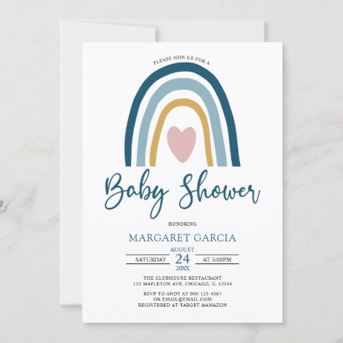  Heart Blue Muted Tones Boho Rainbow Baby Shower Invitation