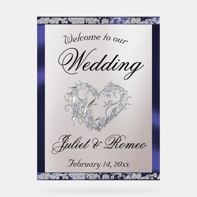 Heart, Blue Ribbon & Sparkle Welcome Acrylic Sign (Front)