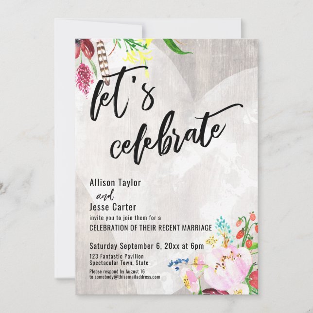 Heart Boho Floral Rustic Wood Let's Celebrate Invitation (Front)