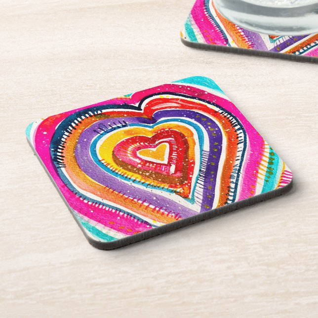 Heart boho watercolor art beverage coaster (Left Side)