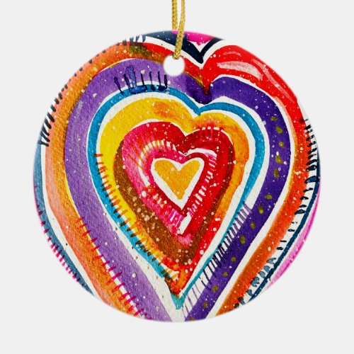 Heart boho watercolor art ceramic ornament