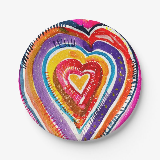 Heart boho watercolor art paper plates (Front)