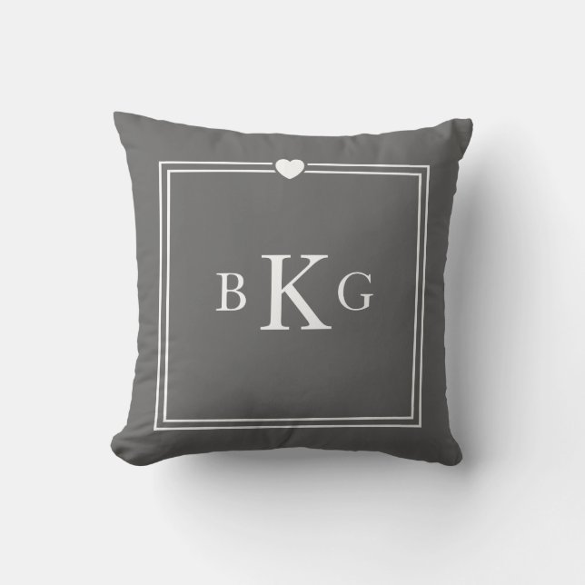 Heart Border Custom Monogram | Dark Grey Throw Pillow (Front)