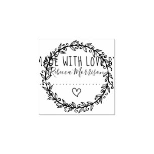 Heart & Botanical Wreath Custom Made With Love Rubber Stamp