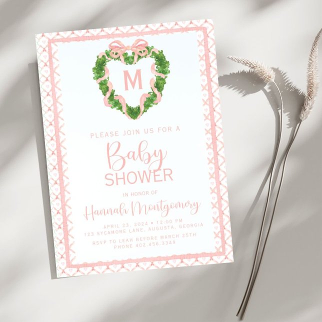 Heart Bow Coquette Wreath Monogram Baby Shower Invitation (Creator Uploaded)