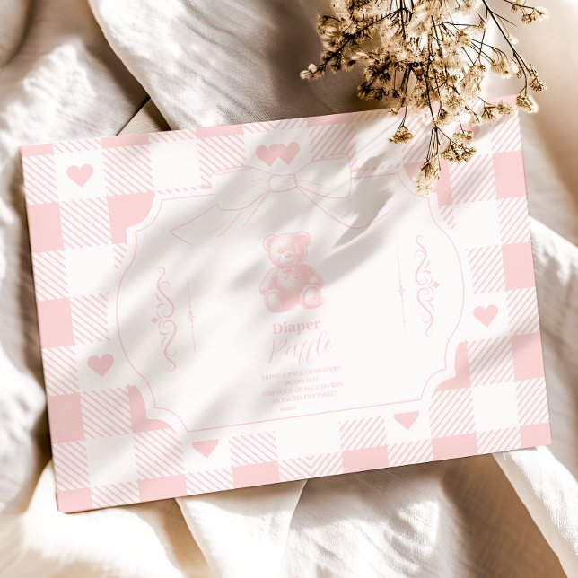 Heart Bow Gingham French Teddy Diapper Raffle Enclosure Card (Creator Uploaded)