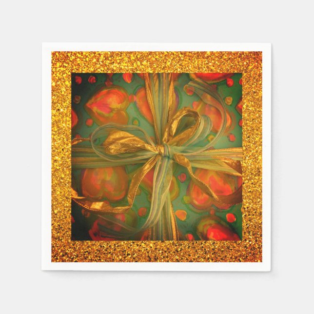 Heart bow red green glitter look present design napkins (Front)