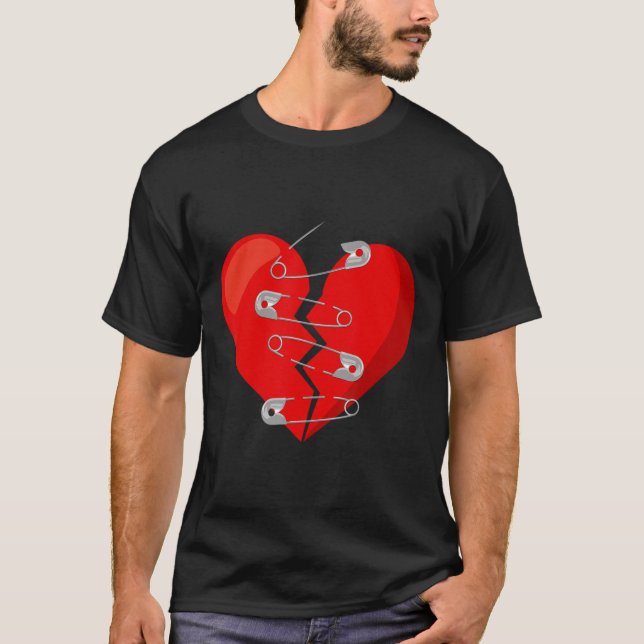 Heart-broken And Safety Pins Anti Valentine Single T-Shirt (Front)