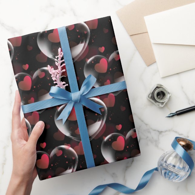 Heart Bubble with Hearts on Black Wrapping Paper (Gifting)