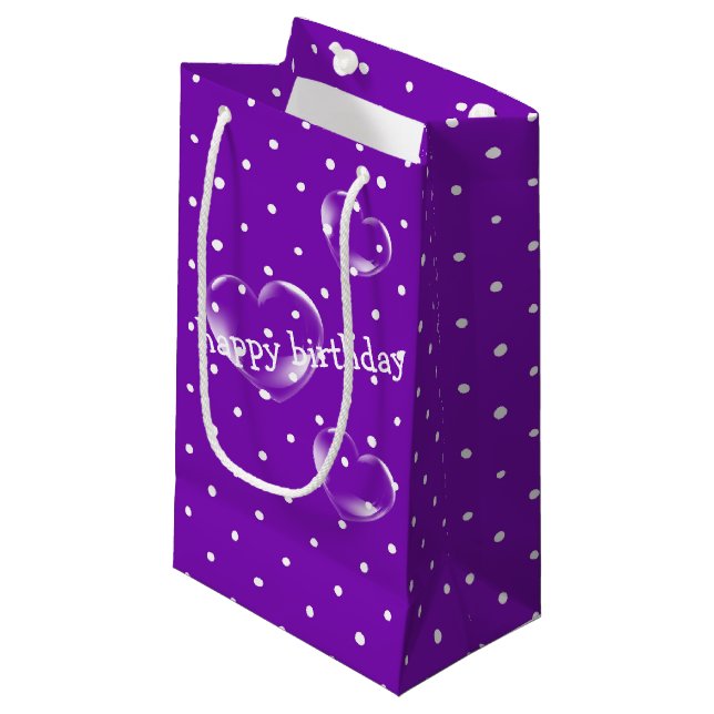 heart bubbles on purple polka dot small gift bag (Front Angled)